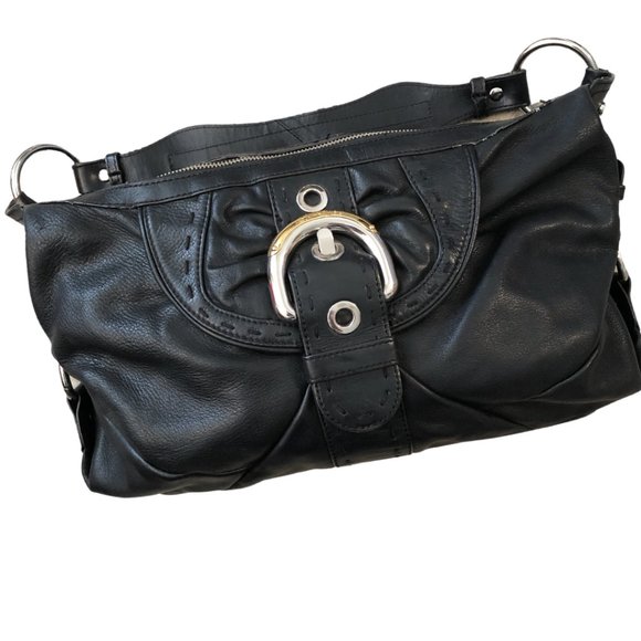 B Makowsky Black Leather Front Buckle Hobo Satchel - Picture 1 of 5